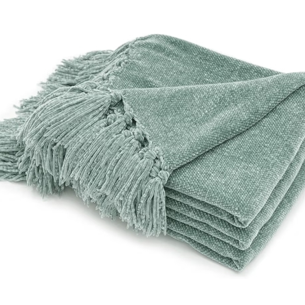 RECYCYO Chenille Throw Blanket 60x80 Sage Green Fringe Tassel Soft Cozy NEW